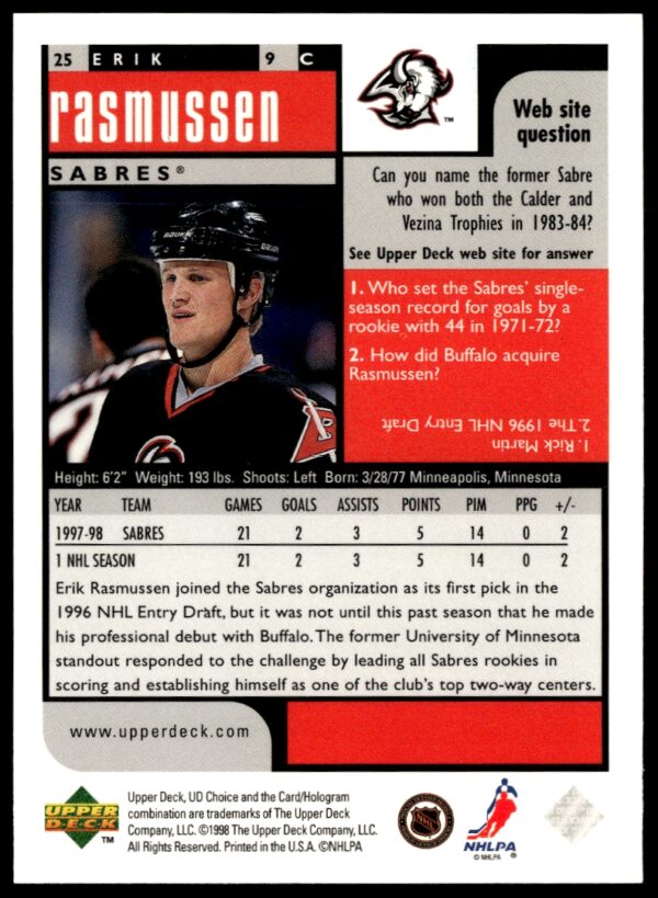 1998-99 Upper Deck UD Choice Preview Erik Rasmussen #25 (Back)