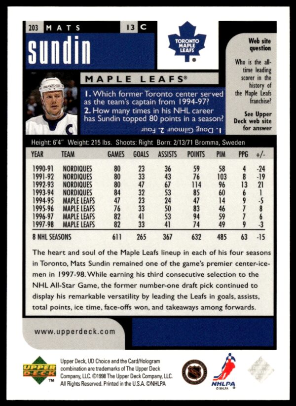 1998-99 Upper Deck UD Choice Preview Mats Sundin #203 (Back)