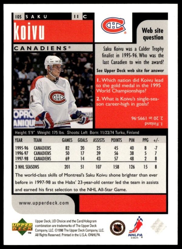 1998-99 Upper Deck UD Choice Preview Saku Koivu #105 (Back)