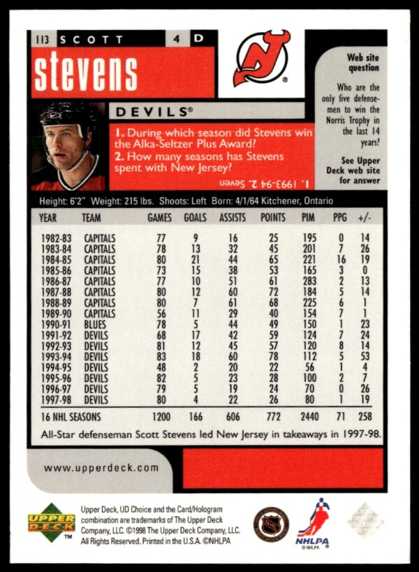 1998-99 Upper Deck UD Choice Preview Scott Stevens #113 (Back)