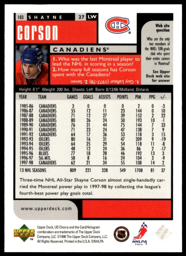 1998-99 Upper Deck UD Choice Preview Shayne Corson #103 (Back)