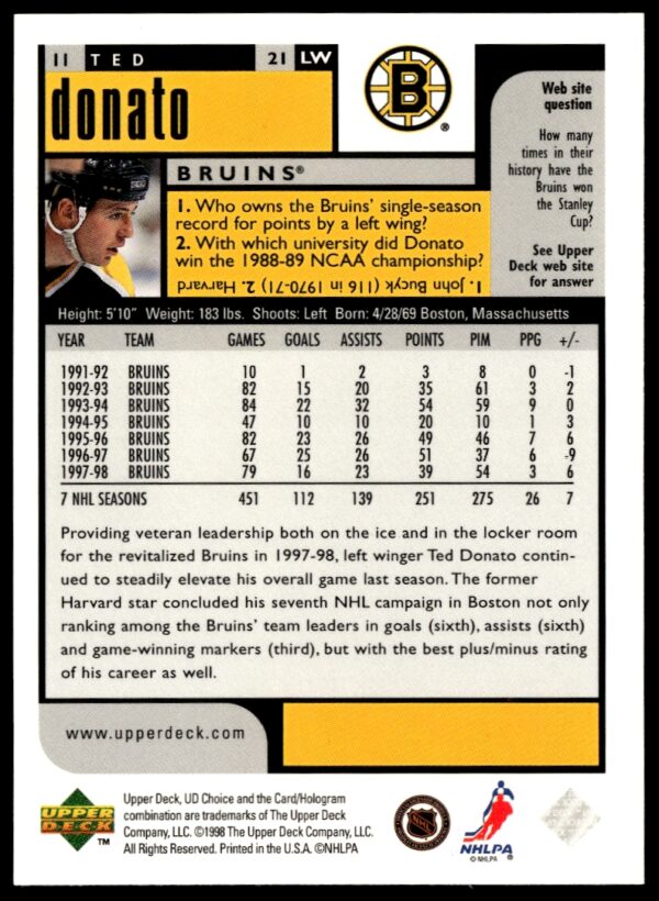 1998-99 Upper Deck UD Choice Preview Ted Donato #11 (Back)