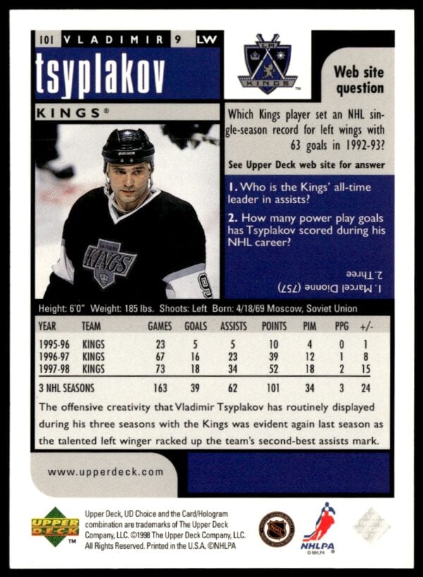 1998-99 Upper Deck UD Choice Preview Vladimir Tsyplakov #101 (Back)