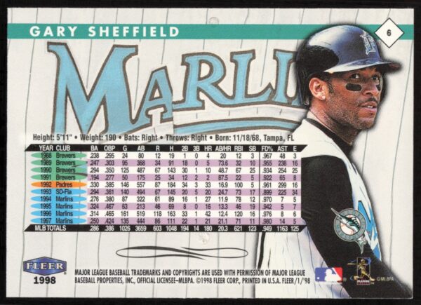 1998 Fleer Tradition Gary Sheffield #6 (Back)