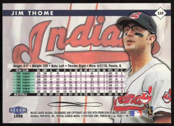 1998 Fleer Tradition Jim Thome #110 (Back)