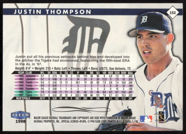 1998 Fleer Tradition Justin Thompson #152 (Back)