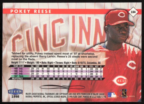 1998 Fleer Tradition Pokey Reese #154 (Back)