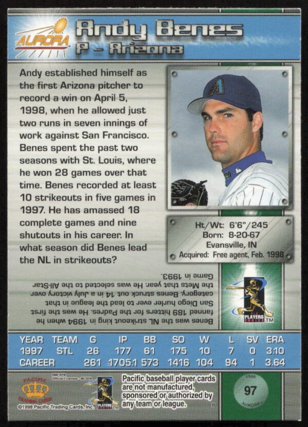 1998 Pacific Aurora Andy Benes #97 (Back)