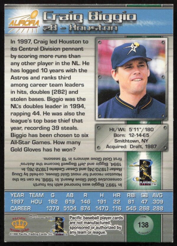 1998 Pacific Aurora Craig Biggio #138 (Back)