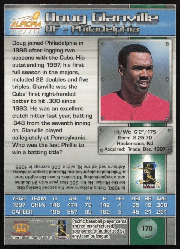 1998 Pacific Aurora Doug Glanville #170 (Back)