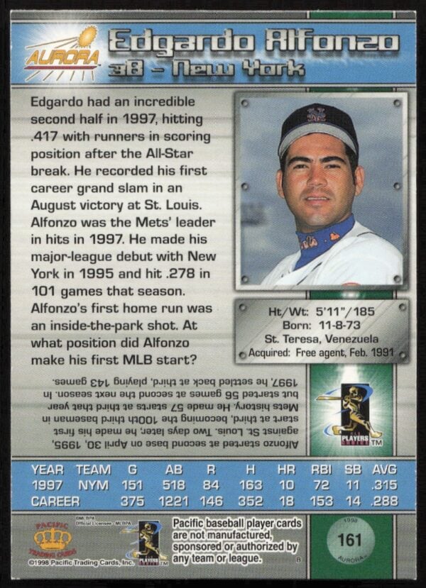 1998 Pacific Aurora Edgardo Alfonzo #161 (Back)