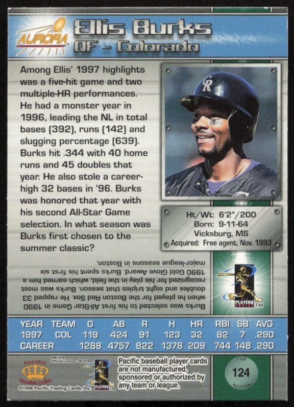 1998 Pacific Aurora Ellis Burks #124 (Back)