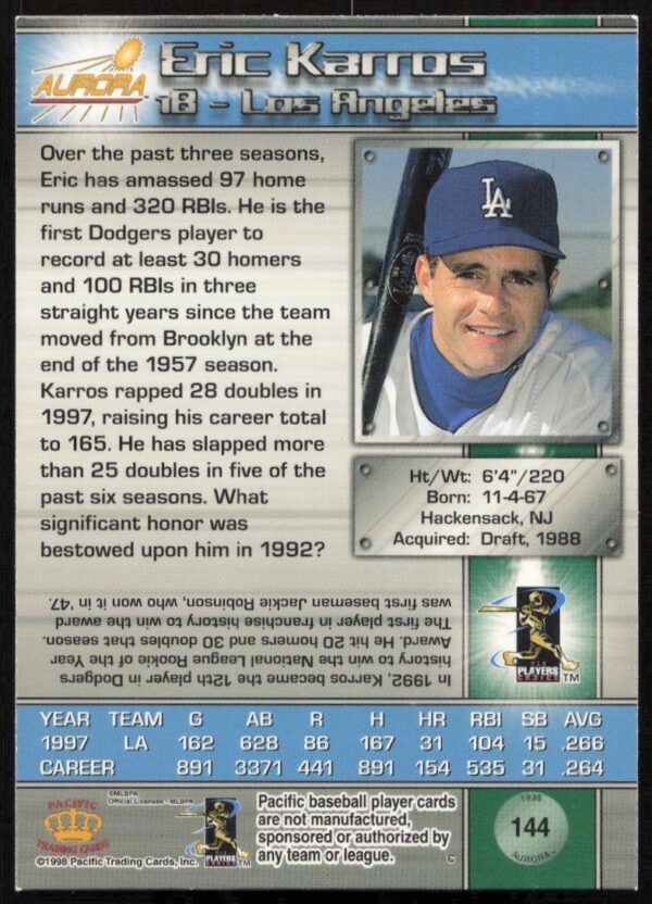 1998 Pacific Aurora Eric Karros #144 (Back)