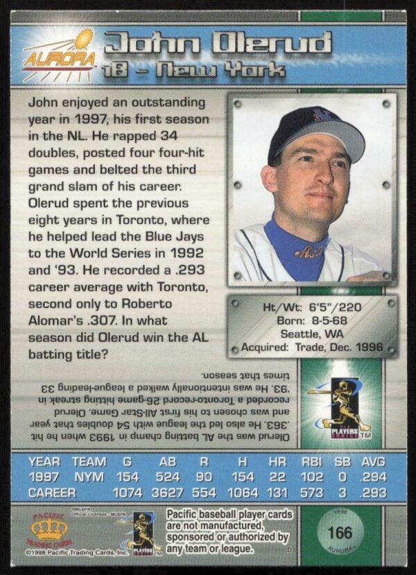 1998 Pacific Aurora John Olerud #166 (Back)