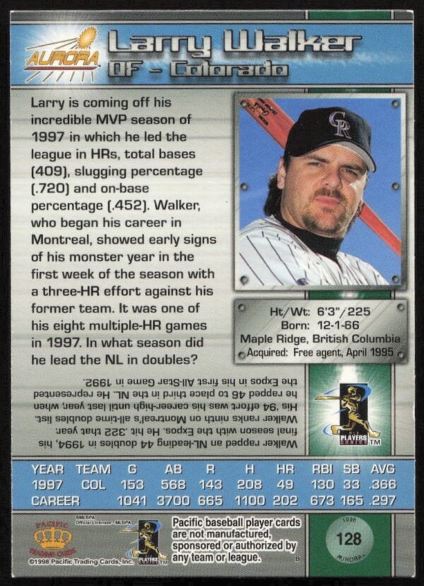 1998 Pacific Aurora Larry Walker #128 (Back)