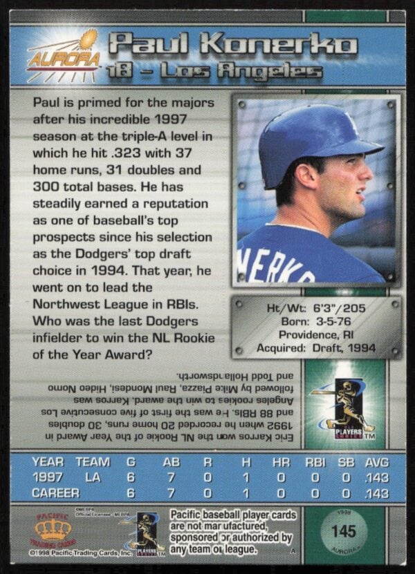 1998 Pacific Aurora Paul Konerko #145 (Back)