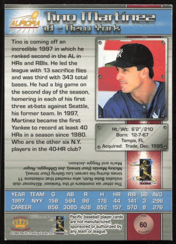 1998 Pacific Aurora Paul Molitor #52 (Back)