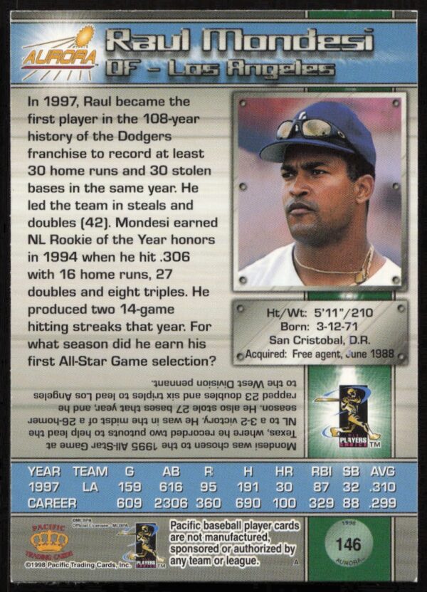 1998 Pacific Aurora Raul Mondesi #146 (Back)