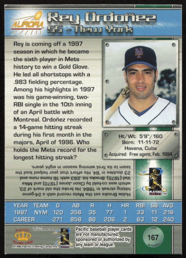 1998 Pacific Aurora Rey Ordonez #167 (Back)