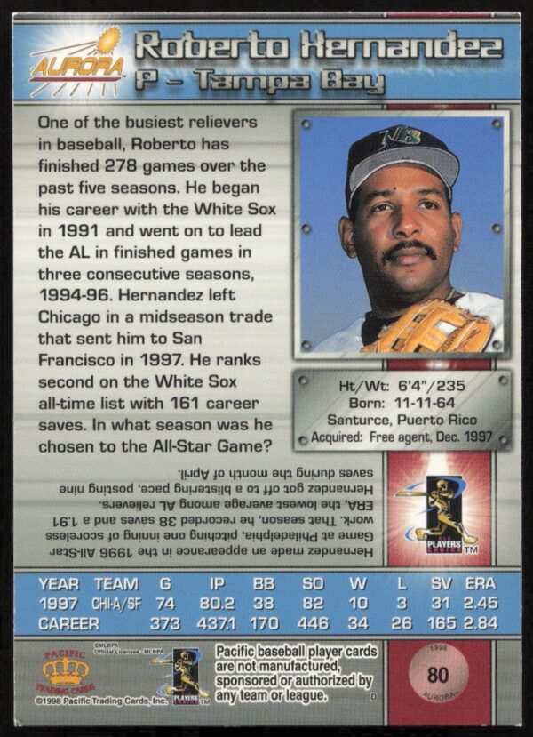 1998 Pacific Aurora Roberto Hernandez #80 (Back)