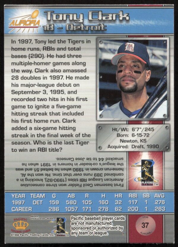 1998 Pacific Aurora Tony Clark #37 (Back)