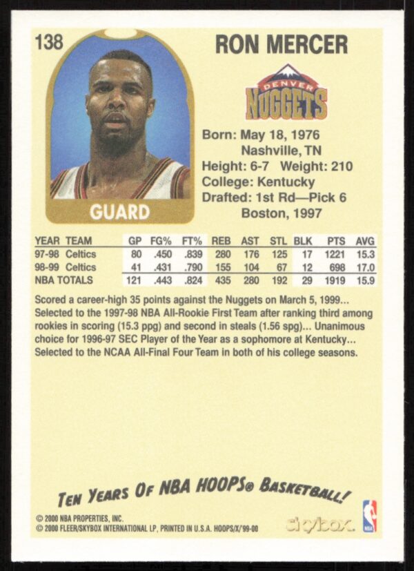 1999-00 Skybox NBA Hoops Decade Ron Mercer #138 (Back)