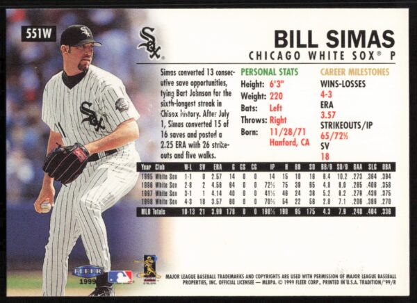 1999 Fleer Bill Simas Warning Track Collection #551W (Back)