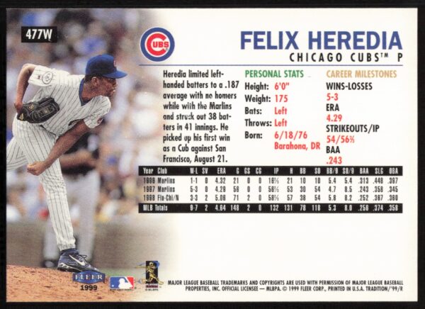 1999 Fleer Felix Heredia Warning Track Collection #477W (Back)