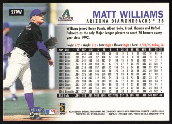 1999 Fleer Matt Williams Warning Track Collection #279W (Back)