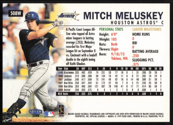 1999 Fleer Mitch Meluskey Warning Track Collection #508W (Back)