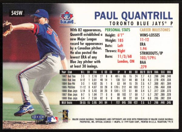 1999 Fleer Paul Quantrill Warning Track Collection #545W (Back)