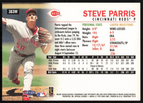 1999 Fleer Steve Parris Warning Track Collection #383W (Back)