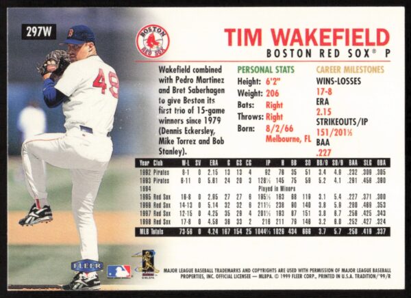 1999 Fleer Tim Wakefield Warning Track Collection #297W (Back)