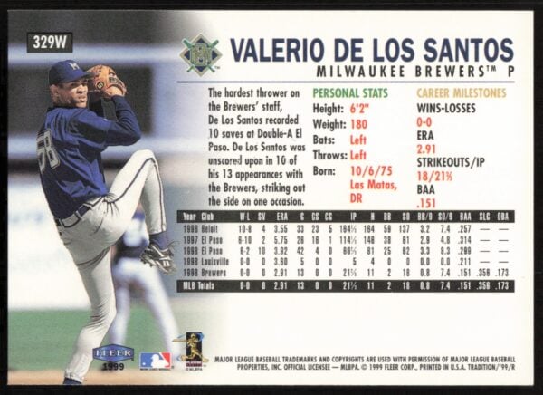 1999 Fleer Valerio De Los Santos Warning Track Collection #329W (Back)