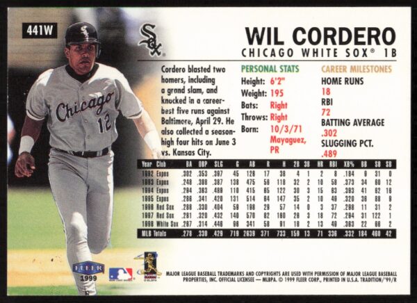 1999 Fleer Wil Cordero Warning Track Collection #441W (Back)