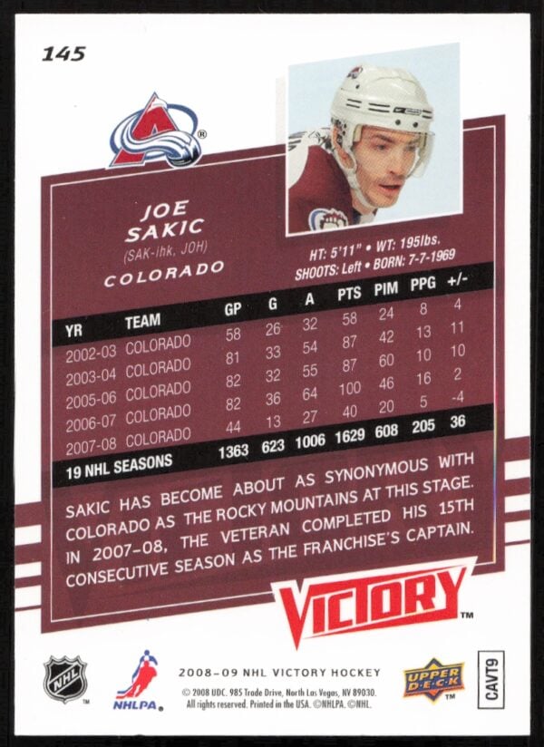 2008-09 Upper Deck Victory Joe Sakic #145 (Back)