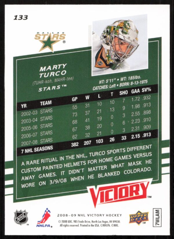 2008-09 Upper Deck Victory Marty Turco #133 (Back)