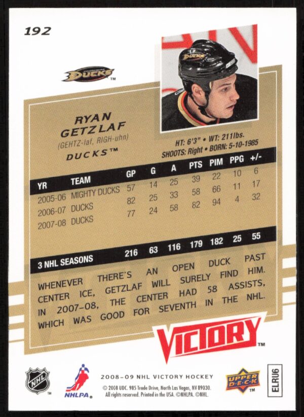 2008-09 Upper Deck Victory Ryan Getzlaf #192 (Back)