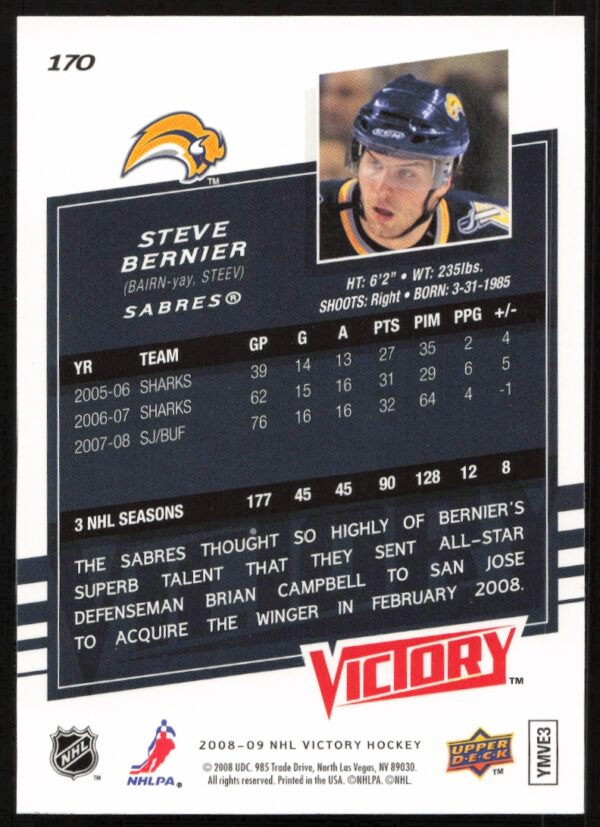 2008-09 Upper Deck Victory Steve Bernier #170 (Back)