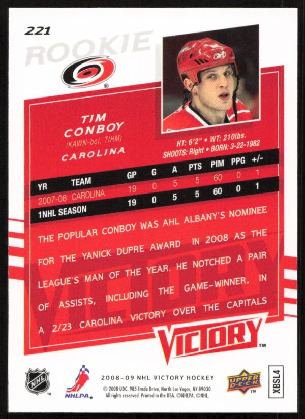 2008-09 Upper Deck Victory Tim Conboy #221 (Back)