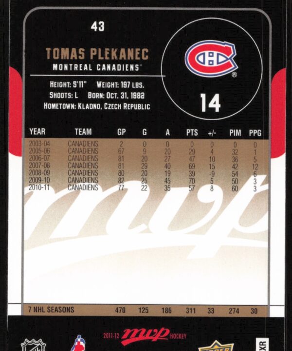 2011-12 Upper Deck Victory Tomas Plekanec MVP #43 (Back)