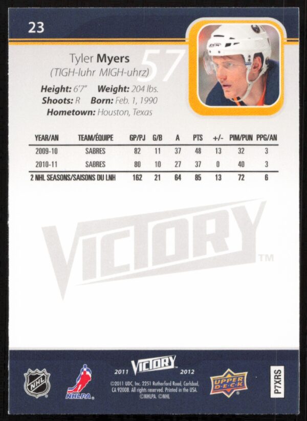 2011-12 Upper Deck Victory Tyler Myers #23 (Back)