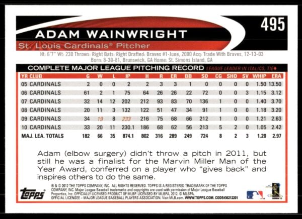 2012 Topps Adam Wainwright #495 (Back)