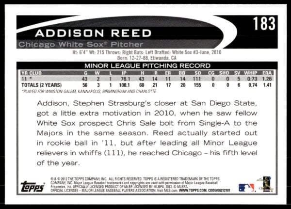 2012 Topps Addison Reed #183 (Back)