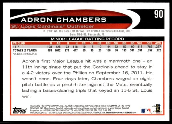 2012 Topps Adron Chambers #90 (Back)