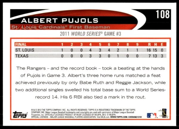 2012 Topps Albert Pujols #108 (Back)