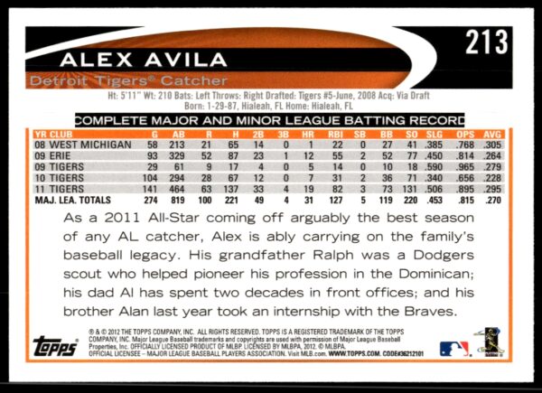 2012 Topps Alex Avila #213 (Back)