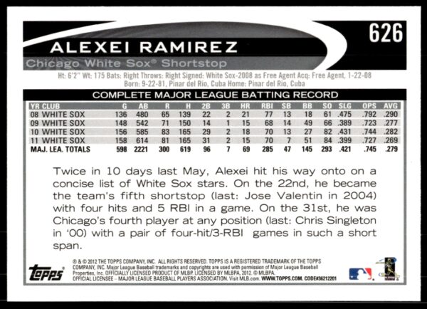 2012 Topps Alexei Ramirez #626 (Back)