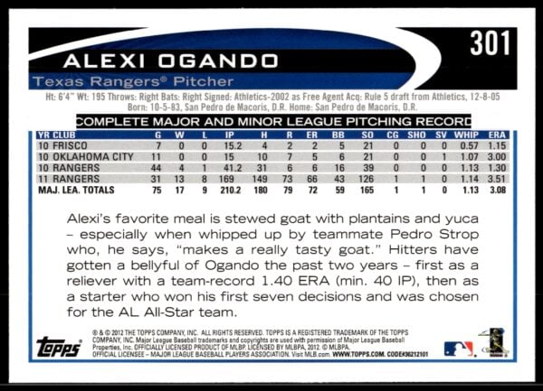 2012 Topps Alexi Ogando #301 (Back)