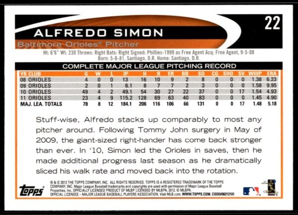 2012 Topps Alfredo Simon #22 (Back)